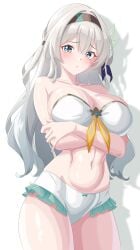 :t absurdres alternate_costume arada_(corsair_zero) arms_under_breasts bare_shoulders bikini blush breasts bug cleavage closed_mouth collarbone crossed_arms female firefly firefly_(honkai:_star_rail) grey_hair hair_between_eyes hair_intakes hair_ornament hairband highres honkai:_star_rail honkai_(series) insects large_breasts long_hair navel pink_eyes pout simple_background solo stomach strapless strapless_bikini swimsuit white_background white_bikini