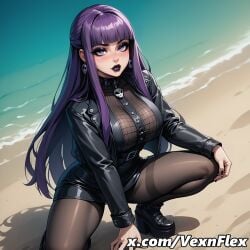 ai_generated artist_name bangs beach black_dress black_footwear black_jacket black_lips black_nails black_skirt blunt_bangs blush boots breasts collar dress ear_piercing earrings eyeshadow female fern_(sousou_no_frieren) fishnets gothic hi_res high_resolution jacket jewelry large_breasts leather lipstick long_hair long_sleeves looking_at_viewer makeup nail_polish ocean open_clothes open_jacket outdoors pantyhose patreon piercing purple_eyes purple_hair skirt skull_print solo spiked_collar squatting thighs vexnflex watermark web_address