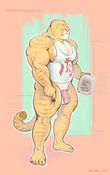 2015 anthro areola balls beverage big_balls big_penis bottomless clothed clothing eyewear feline flaccid glasses hybrid hyper hyper_muscles keys liger lion mainlion male male_only mammal muscular muscular_male nipples partially_clothed pecs penis pubes shirt solo tank_top thick_thighs tiger