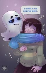 2d 2d_(artwork) 2d_artwork belty42 big_penis blush blush boner breasts chara clothing cock dialogue ghost hard_on napstablook nervous nervous_smile penis shy text text_bubble throbbing_penis undertale undertale_(series)