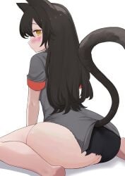 blush cat_ears cat_tail catgirl daebom edit female panther_a ripped_clothing smiling thick_thighs war_thunder yellow yellow_eyes