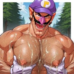 1boy ai_generated arm_hair biceps big_muscles brown_hair chest_hair cum cum_on_chest facial_hair gay hairy_male hands_on_chest hat large_muscles light-skinned_male light_skin male male_only mario_(series) mature mature_male moustache muscles muscular muscular_male nintendo nipples nude nude_male open_mouth outdoors pink_nose pointy_ears purple_hat solo solo_focus solo_male trees upper_body waluigi white_gloves