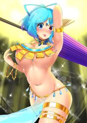 alternate_breast_size alternate_costume alternate_hairstyle arabian_clothes areola_slip areolae arm_up armlet armpits blue_eyes blue_hair blush bouncing_breasts bracelet breasts cleavage closed_umbrella cowboy_shot dancer dancing detached_collar female female_only forehead_jewel gradient_hair harem_outfit hatchet heterochromia highres hitotsuki_nebura jewelry kogasa_tatara large_breasts looking_at_viewer matching_hair/ multicolored_hair navel no_bra nose_blush oriental_umbrella pelvic_curtain ponytail purple_hair red_eyes revealing_clothes sarong see-through short_hair solo sparkle sweat thighlet tongue tongue_out touhou two_tone_hair umbrella underboob