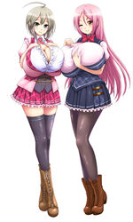 2girls btk cleavage curvy female female_only full_body grey_hair huge_breasts long_hair looking_at_viewer multiple_girls pink_hair short_hair skirt smile