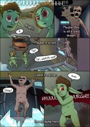 absurd_res colored comic death dialogue digital_drawing_(artwork) digital_media_(artwork) english_text female flaccid genitals goblin gore greenbuncafe group hi_res horror_(expression) humanoid inner_monologue male offscreen_death outside penis post-apocalyptic pubes pussy scared shaded shocked signature text thinking trio undead vulva zombie