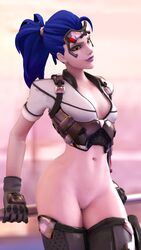 1girls 3d absurdres alternate_costume arhoangel blender blizzard_entertainment blue_hair boots breasts cleavage clitoral_hood eyewear female female_only gloves goggles goggles_on_head gun highres holster jacket large_breasts legwear lipstick long_hair looking_at_viewer makeup megane midriff navel no_panties overwatch overwatch_2 overwatch_archives panties panty_pull ponytail purple_hair purple_lips purple_lipstick pussy shoes solo standing stomach sunglasses talon_widowmaker thigh_boots thighhighs underwear weapon widowmaker yellow_eyes