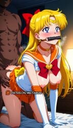 1boy 1girls ai_generated all_fours ass ass_grab bishoujo_senshi_sailor_moon bit_gag blonde_hair blue_eyes blush bow bowtie breasts breasts_out brooch choker circlet clothed_female_nude_male clothed_sex collarbone dark-skinned_male dark_skin doggy_style earrings elbow_gloves female gag gagged gloves hairbow heart heart_brooch heart_choker interracial jewelry large_breasts leotard long_hair magical_girl male meitabuu minako_aino miniskirt nipples no_bra no_panties nude orange_bow orange_choker orange_sailor_collar orange_skirt pink_nipples pleated_skirt red_bow sailor_collar sailor_senshi_uniform sailor_venus sex sex_from_behind skirt skirt_lift solo_focus straight sweat tiara white_gloves white_shirt
