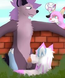 absurd_res amy_(d4xt3r) anthro ass ass_grab bovid brick_wall butt_grab canid canine canis caprine casual_exposure casual_nudity daxter_wolfsky_(d4xt3r) fellatio female goat group hand_on_ass hand_on_butt hi_res hybrid male male/female mammal oblivious oral outside outside_sex penile penis public public_erection public_nudity public_sex sally_(d4xt3r) searching sex trio wall_(structure) wolf wolfdog zyra_the_proto