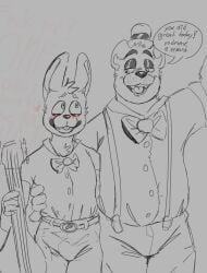 absurd_res bear blush blush_lines bow_tie chalaren clothing duo erection erection_under_clothing five_nights_at_freddy's flirting fredbear_(fnaf) guitar hat headgear headwear heart_symbol hi_res hug lagomorph leporid male mammal musical_instrument plucked_string_instrument rabbit scottgames spring_bonnie_(fnaf) string_instrument