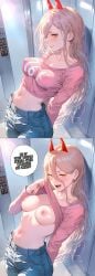 1girls ai_generated arched_back arms_behind_back blonde_female blonde_hair blush blushing_at_viewer breasts breasts_out chainsaw_man cleavage closed_mouth clothed clothes_lift clothes_pull clothing collarbone color cowboy_shot crop_top day demon_girl demon_horns dutch_angle elevator english_text erect_nipples erect_nipples_under_clothes exhibitionism exposed_breasts exposed_nipples facing_viewer female female_focus female_pervert fit fit_female from_above front_view glance half-closed_eyes hands_behind_back hard_nipples hi_res highres holding_clothing horn horns indoors inside izacru0 jeans leaning leaning_back lifted_by_self lifting lifting_own_clothes lifting_shirt long_hair looking_at_viewer medium_breasts midriff multiple_views navel nipple_bulge nipples nipples_visible_through_clothing no_bra open_mouth pink_clothing pointy_teeth power_(chainsaw_man) public public_exposure public_indecency public_nudity shiny_skin shirt shirt_lift shirt_pull shirt_up showing_breasts showing_off side_view sideways_glance smug solo_focus speech_bubble stomach story sweat sweatdrop t-shirt talking talking_to_viewer teasing teasing_viewer text text_bubble very_high_resolution yellow_eyes yellow_hair
