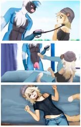 abs absurd_res anthro bed belly blue_body blue_fur bottomwear breasts chest_tuft clothed clothed_female clothing clothing_lift collar comic corey_(itscorona29) day denim denim_bottomwear denim_clothing duo felid feline female flikr fur furniture genitals headgear headwear hi_res jeans leash leash_pull leashed_collar light lying male male/female mammal midriff nude on_back on_bed pants penis pink_eyes pink_penis shirt shirt_lift sky smile sunlight topwear tuft white_body white_fur wolfelliza yellow_body yellow_fur