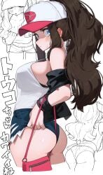 ass bag bare_shoulders baseball_cap black_vest blue_eyes blush breasts brown_hair closed_mouth clothes_pull clothing denim denim_shorts female from_behind hat headwear high_ponytail hilda_(pokemon) hizake jacket large_breasts long_hair looking_at_viewer looking_back open_clothes pokemon pokemon_(game) pokemon_black_&_white pokemon_character ponytail protagonist_(pokemon) shirt short_shorts shorts sideboob sidelocks sleeveless sleeveless_shirt solo standing sweat tank_top thick_thighs thighs underwear vest white_shirt wristband