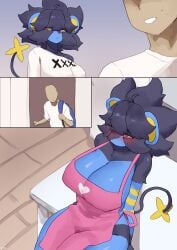 2025 absurd_res anthro apron backpack biped blue_body blue_fur blush breasts buta99 clothed clothed_anthro clothed_female clothed_human clothed_male clothing digital_media_(artwork) duo female front_view fur generation_4_pokemon grey_body grey_fur grey_tail human inside luxray male mammal nintendo pokemon pokemon_(species) red_sclera shirt sitting standing t-shirt tail topwear yellow_eyes