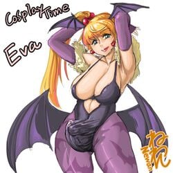 1futa bimbo bimbo_futanari blonde_hair blue_eyes bulge cameltail capcom cleavage clothing cosplay cum darkstalkers erection eva_(neone-x) futa_only futanari intersex large_breasts leotard light_skin morrigan_aensland morrigan_aensland_(cosplay) neone-x panty_bulge pantyhose penis penis_in_leotard penis_under_clothes precum precum_through_clothing succubus