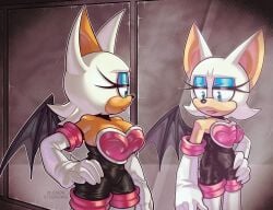 1girls 2girls admiring_self animal_ears animal_nose anthro aqua_eyes bare_shoulders bat bat_(anthro) bat_ears bat_girl bat_wings black_bodysuit black_choker blue_eyes blue_eyeshadow bodysuit boots breasts censored choker cleavage clothing elbow_gloves eyelashes eyeshadow female fur furry furry_female gloves green_eyes half-closed_eyes hand_on_hip hand_on_own_hip hands_on_hips handwear heart huge_breasts indoors large_breasts legwear leotard lipstick looking_at_breasts looking_at_mirror looking_down looking_to_the_side makeup mammal membrane_(anatomy) membranous_wings multiple_girls open_mouth rain rouge_the_bat short_hair small_breasts sonic_(series) sonic_the_hedgehog_(series) standing tail thigh_boots white_footwear white_fur white_gloves white_hair wide_hips wings