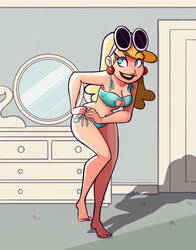 bikini blonde_hair blue_eyes cat_keyhole_bra cleavage dressing earrings female glasses glasses_on_head leni_loud lingerie lipstick looking_away meme meme_attire mirror open_smile risingfang shadow side-tie_panties solo standing straight_hair the_loud_house