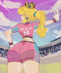 ass back_view big_ass blonde_hair crop_top fat_ass hoshoidk mario_strikers mario_strikers_peach_back_view_redraw_(meme) princess_peach shorts tagme wide_hips