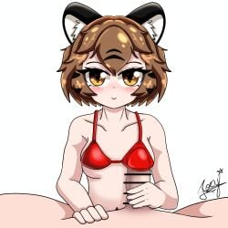 1boy1girl :) bikini_top black_ears boobjob bra brown_eyes brown_hair censored censored_penis flat_chest flat_chested hand_on_penis handjob happy joey_wolf joeywolf_art joeywolf_art(artist) luna_(joey_wolf) masturbating masturbating_other masturbation penis_visible_through_clothing red_bikini red_bikini_top red_bra short_hair simple_coloring simple_shading tiger_girl