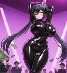 ai_generated azur_lane big_breasts black_hair breasts club corset curvy curvy_female dancing female latex money pale-skinned_female pale_skin pole pole_dancing red_eyes smile taihou_(azur_lane) thick_body thick_legs thick_thighs twintails