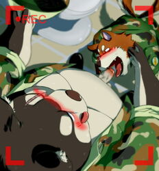 2014 ambiguous_species army army_uniform blush canine censored duo fellatio fox furry hand_on_neck kneeling male mammal muscular obese oral overweight scar sex standing tongue tongue_out washroom wdh3905 yaoi