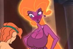 1boy 1girls aphrodite_(greek_mythology) aphrodite_(hercules) big_breasts blush blush blushing_female disney edit edited edited_screencap eyes_wide_open female goddess heart_eyes hercules_(disney) male marioa13 purple_body purple_skin shiny_hair yellow_hair