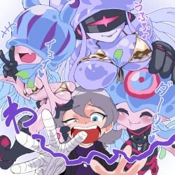 1boy 3girls absurd_res absurdres ass bandage big_breasts bikini butt digimon digimon_(species) digimon_ghost_game female gerusyu golden_bikini golden_week grey_hair hi_res highres jellymon male pointy_ears teslajellymon thetismon toei_animation