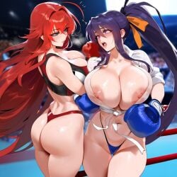 2girls ai_generated akeno_himejima blushing_female curvy_females erect_nipples females_only girlfriends high_school_dxd huge_areolae huge_ass huge_breasts lesbian_couple lesbian_domination looking_at_each_other open_mouth racerai rias_gremory rias_x_akeno sweat thick_thighs voluptuous_female wide_hipped_female wife_and_wife yuri