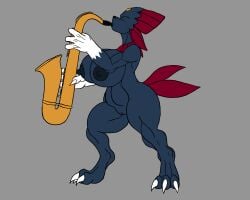 1girls anthro big_breasts black_fur breasts clawed_feet claws closed_eyes female game_freak karnator karnator_(artist) large_breasts musical_instrument nintendo nude playing_instrument pokemon pussy saxophone solo solo_female weavile wind_instrument