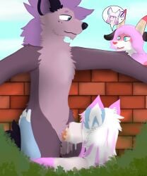 absurd_res amy_(d4xt3r) anthro ass ass_grab balls bodily_fluids bovid brick_wall butt_grab canid canine canis capcom caprine cum cum_drip cum_in_mouth cum_inside daxter_wolfsky_(d4xt3r) drinking drinking_cum dripping ejaculation fellatio female genital_fluids genitals goat group hand_on_ass hand_on_butt herbivore_(mh) hi_res hybrid male male/female mammal monster_hunter nude nude_anthro nude_female nude_male oblivious oral outside outside_sex penile penis public public_nudity public_sex sally_(d4xt3r) sex speech_bubble swallowing trio wall_(structure) wolf wolfdog zyra_the_proto