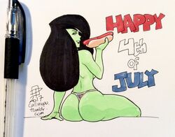 1girls 2017 4th_of_july american_flag american_flag_bikini ass back back_view big_ass black_hair breasts callmepo color colored dark_hair disney female female_focus female_only green_body green_eyes green_skin happy_female hot_dog kim_possible long_hair looking_back shego sideboob solo solo_female solo_focus thin thin_female thong topless villainess