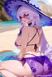 ai_generated ass balecxi bare_shoulders beach black_swan_(honkai:_star_rail) female honkai:_star_rail large_breasts long_hair looking_at_viewer looking_back outdoors patreon_username purple_bikini purple_eyes purple_hair sarong sitting smile solo sun_hat sunglasses swimsuit thighs tinted_eyewear wariza