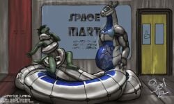 2022 anthro apode balls belly bodily_fluids coiling colored copyright_symbol dated detailed_background draconcopode dragon english_text erection genital_fluids genitals green_body group jeri_kleinlowe larger_pred legless machine male male/male metallic_body mythological_creature mythological_scalie mythology naga nude penis precum protogen robot robot_naga scalie serpentine signature size_difference storefront symbol text transparent_belly trio url vore