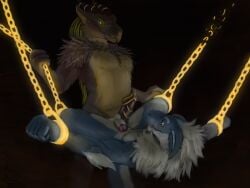 4:3 absurd_res anal anal_sex animal_genitalia anthro avian balls beak blue_body bodily_fluids bondage bondage bound chained chains chastity_device cuff_(restraint) digital_media_(artwork) dominant dominant_male dragon duo erection feathers fur furred_dragon furred_scalie genital_fluids genitals glowing glowing_eyes gryphon hair hi_res horn looking_at_another male male/male male_penetrated male_penetrating male_penetrating_male mythological_avian mythological_creature mythological_scalie mythology nude penetration penile penis precum reptile restraints scalie sergal sex simple_background smile spread_legs spreading submissive submissive_male tail yellow_eyes