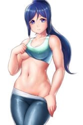 1girls blue_eyes blue_hair breasts female finalcake love_live! love_live!_sunshine!! matsuura_kanan navel no_panties ponytail solo sweat underboob undressing