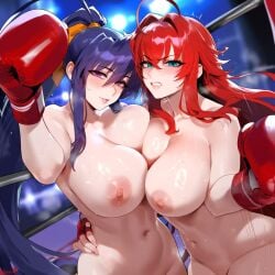 2girls ai_generated akeno_himejima breasts_press breasts_pressed_against_another erect_nipples females_only girlfriends grabbing_another's_waist high_school_dxd huge_areolae huge_breasts lesbian_couple lesbians_naked naked_girls racerai rias_gremory rias_x_akeno sweat voluptuous_female wife_and_wife yuri yuri yuri