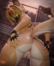 3d_(artwork) absurd_res anthro anus ass blonde_hair breasts butt_focus clothing digital_media_(artwork) felid feline female fur genitals gloves green_eyes hair handwear hi_res jaeger3d looking_at_viewer mammal mask mihoyo mostly_nude multicolored_body multicolored_fur pulchra_fellini rear_view solo tail thiren vulva white_body white_fur yellow_body yellow_fur zenless_zone_zero