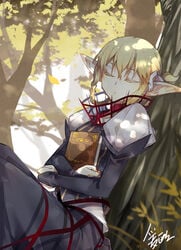 bangs black_dress blonde_hair bloodline book book_hug bridal_gauntlets choker closed_mouth dappled_sunlight day dress elf female holding holding_book in_tree iotower juliet_sleeves long_sleeves pointy_ears puffy_sleeves ruthtria_(bloodline) sleeping solo sunlight tree