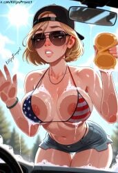 ai_generated american_flag_bikini baseball_cap bikini bikini_bottom blonde_hair breast_press breasts brown_hair choker denim_shorts female_focus female_only grand_theft_auto_vi killjoyproject lips mud_girl_(gta_vi) navel pressed_on_glass pressing_breasts short_hair short_shorts soap_bubbles solo_female sunglasses thong washing washing_car