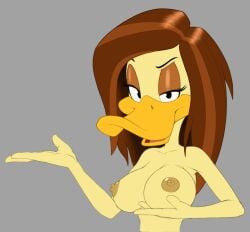 accurate_art_style anthro beak big_breasts billboi breasts breasts_focus brown_hair duck female furry gesture grabbing_own_breast looking_at_viewer naked simple_background tagme the_looney_tunes_show tina_russo