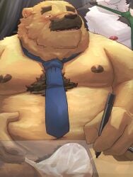 0_7us 2025 anthro asian_clothing bear belly big_belly bodily_fluids brown_body brown_fur bulge clothing duo east_asian_clothing facial_hair fundoshi fur genital_fluids hi_res japanese_clothing kemono male mammal mature_male moobs moustache necktie nipples overweight overweight_male precum solo_focus underwear white_clothing white_fundoshi white_underwear