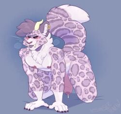 all_fours anthro big_fangs big_penis blep blue_background blush blush_lines bodily_fluids cheek_tuft claws dripping ear_piercing ear_ring facial_tuft fangs felid finger_claws fur genital_fluids genitals hi_res horn humanoid_genitalia humanoid_penis looking_at_viewer male mammal markings nude_anthro nude_male pantherine pasties penis piercing pink_body pink_fur precum precum_drip purple_body purple_fur ring_piercing simple_background sinisterheaven snow_leopard solo spots spotted_body spotted_fur teeth thick_penis thick_thighs tongue tongue_out tuft