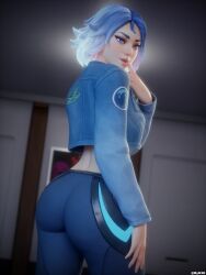1female 1girls 3d ass ass ass_focus back_view big_ass big_butt blue_eyes blue_hair clothed clothed_female clothing epic_games female female female_only fortnite fortnite:_battle_royale glowing_hair hand_on_thigh jacket light-skinned_female light_skin lightrider_(fortnite) looking_at_viewer looking_back looking_back_at_viewer myh3d rear_view short_hair solo solo_female standing tagme tight_pants