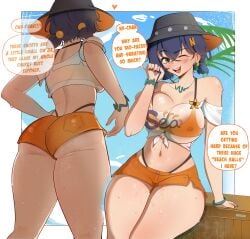 1girls 2koma absurd_res alternate_costume back_view belle_(zenless_zone_zero) big_breasts breasts bucket_hat cleavage darzhii english_text female female_only hat headwear highres hoyoverse light-skinned_female light_skin mihoyo official_alternate_costume orange_shorts see-through see-through_clothing shorts solo speech_bubble text thick_thighs zenless_zone_zero