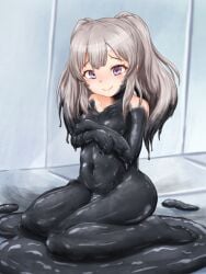 black_paint black_skin bodypaint colored_skin completely_nude covering_breasts covering_privates facepaint highres idolmaster idolmaster_shiny_colors light_smile multicolored_hair nude paint painting_(medium) traditional_media yaneura_(yaneur) yukoku_kiriko