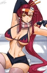 1girls artist_signature big_breasts bikini_top busty fingerless_gloves gelldraws light-skinned_female light_skin orange_eyes red_hair scarf short_shorts shorts sunglasses_on_head tengen_toppa_gurren_lagann thighhighs yoko_littner