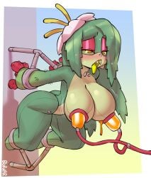 2025 absurd_res anthro arms_tied ass blush borvar bound breasts digital_media_(artwork) elemental_creature fangs feet_tied female flora_fauna flower green_body green_eyes green_sclera hi_res looking_up machine milking_machine nude open_mouth orange_eyes pink_nose plant short_stack simple_background solo teeth thistle_(dark_ahero) tongue tongue_out yellow_tongue