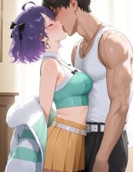 1boy 1girls ai_generated blush breasts closed_eyes clothed_female couple kissing nanase_suzuna navel nijisanji purple_hair saliva skirt standing straight sweat sweatdrop tummy virtual_youtuber vtuber xeno4994