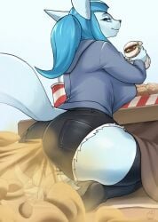 1boy 1girls 2021 2d 2d_(artwork) 2d_artwork alolan_vulpix anthro anthro_on_anthro ass ass_on_face big_ass big_breasts big_butt black_jean_shorts black_jeans black_socks blue_eyes blue_fur blue_hair breasts bubble_butt canid canine commission eating eeveelution facesitting fart fart_cloud fart_fetish farting_in_face farting_on_another fat_ass female female_domination female_fox femdom food fox game_freak gassy generation_1_pokemon generation_4_pokemon generation_7_pokemon glaceon hair hi_res hotpants jalyn_(syncrovox) jean_shorts kittell_(artist) kneeling looking_at_another looking_back male male/female nintendo pokemon pokemon_(species) ponytail regional_form_(pokemon) sandwich_(food) sitting sitting_on_face sitting_on_person smelly smelly_ass smile socks stinky stinky_ass tail thick_thighs thighs video_games vulpine vulpix wide_hips