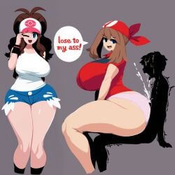 ai_generated assjob bike_shorts bouncing_ass buttjob censored_penis covered_buttjob cum cum_on_ass female hilda_(pokemon) huge_ass may_(pokemon) nintendo pixel_art pokemon simple_background