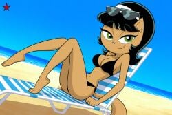 1girls 2025 ai_generated anthro beach big_breasts bikini black_bikini black_hair blue_sky breasts brown_body brown_fur cleavage curvy curvy_female day eyelashes female female_focus female_only furry green_eyes hi_res kitty_katswell long_tail looking_at_viewer lounge_chair makerdeviant navel nickelodeon outside sea seaside skimpy skimpy_bikini smile sunglasses sunglasses_on_head t.u.f.f._puppy watermark